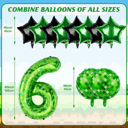 AXBMM 40 Inch 6 Set 6) Green Pixel Themed Number Balloon Foil Balloon for Girls & Boys Birthday Party Decorations