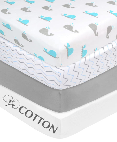 4 Pack 28" 52", 100% American Baby Company Fitted Crib Sheets x Soft Breathable Neutral Cotton Jersey Sheet, Blue