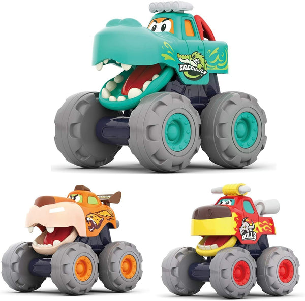 MOONTOY Toy Cars for 1 2 3 Year Old Boys, 3 Pack Friction Powered Pull Back Cars Set - Bull, Leopard, Crocodile