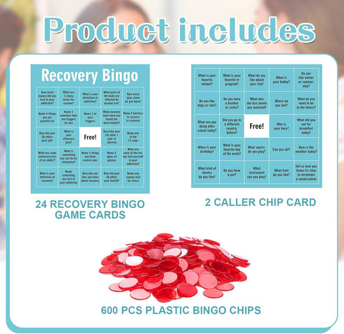 Simgoing 24 600 Recovery Bingo Game with Cards and Cross Chips Questions Recovery Bingo for Adults Addiction Group