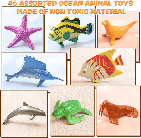 46 Pack Mini Ocean Sea Animals Toys, Assorted Vinyl Plastic Figures for Kids Party Favors