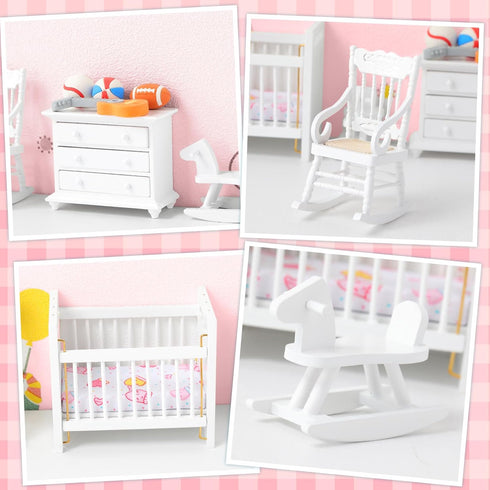 5 Pcs 1:12 Scale Wooden Dollhouse Furniture Set - White Miniature Wood Bedroom Accessories for Creative Play
