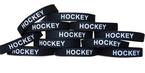 Novel Merk 12-Piece White Text Black Hockey Party Favor & School Carnival Prize Silicone Wristband Bracelet