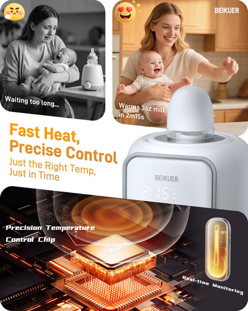 beikuer 12-in-1 2min 24H Baby Bottle Warmer for Breastmilk, Fast Swirlable Milk Warmers with Locks Nutrients, Smart