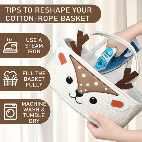 Weysat Cute Deer Baby Diaper Caddy Organizer Cotton Rope Diaper Caddy Basket Woodland Nursery Decor Portable Organizer
