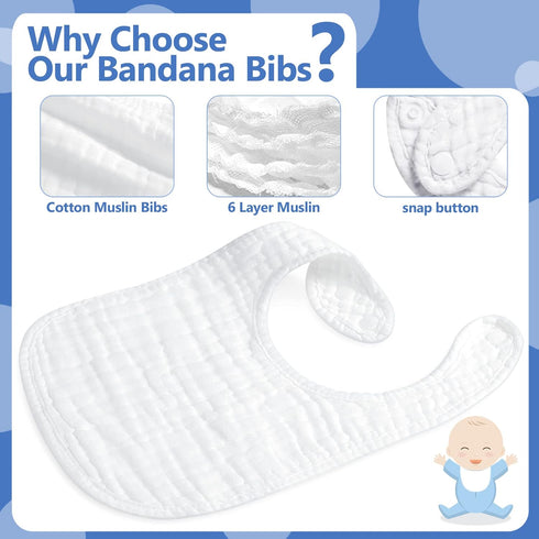 30 Pack 6 Reginary White Muslin Baby Bibs Bulk Adjustable Layers Baby Bandana Drool Bibs for Boys Girls Newborn Cotton