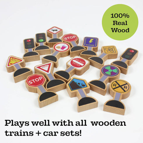 15 Pieces Wooden Traffic Signs for Kids, Zany Street Signs for Play Mats and Toy Trains, Educational Accessories
