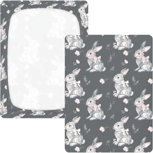 KICPOAY 52x28 Bunny Bow Flower Easter Toddler Bed Crib Sheets Baby Crib Sheets Cover for Soft Mini Crib Mattress