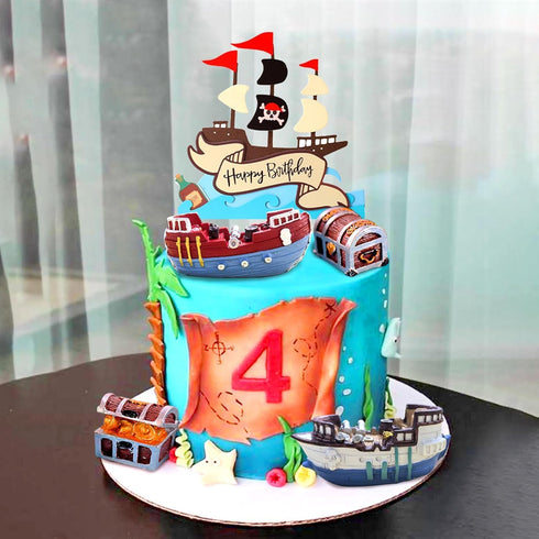 Sailboat Set Pirate Ship Cake Topper Nautical Model Decoration Gold Coins and Pirate Gems Pirate Treasure Chest Compass