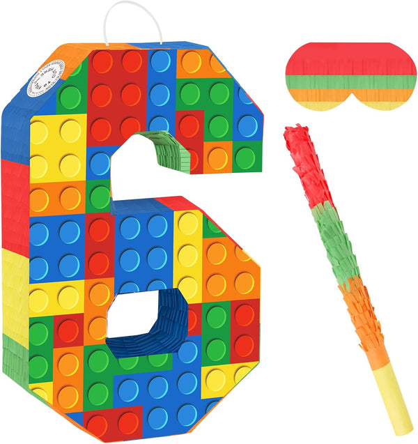 Number Building Blocks Decor for Pinata Birthday Party Supplies, Number 6 Fiesta Carnival Games with Stick & Blindfold