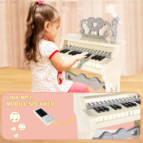deAO Piano Toy Keyboard for Kids, 25 Keys Music Instrument with Microphone, Birthday Gift for Girls, White