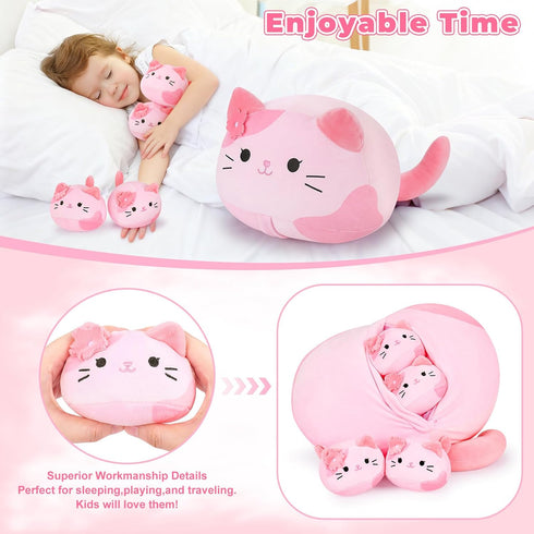 5 Family-19" Mommy 4 PCS Pink Sakura Cat Plush Stuffed Animal Soft Pink Sakura Cat Plush, Large Plushies with Baby