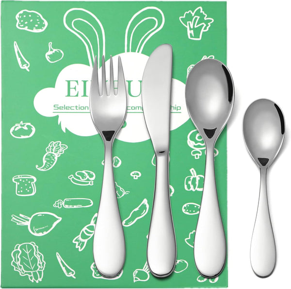 EIUBUIE Kids Silverware Set, 18/10 Stainless Steel Toddler Utensils, Safe Reusable Cutlery Flatware, 4 Piece Mirror