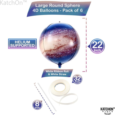 KatchOn Big Galaxy Balloons - 22 Inch Pack of 6, 360 Degree 4D Round Sphere Balloons for Space Themed Party Decorations
