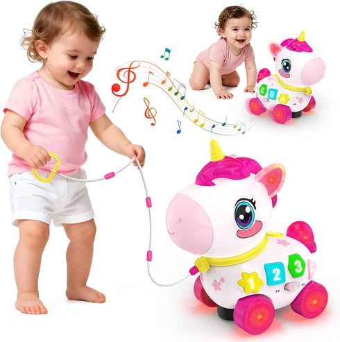 MOISTAR Bilingual Musical Crawling Toy for 1 Year Old Girl Gifts,Musical Unicorn Toys