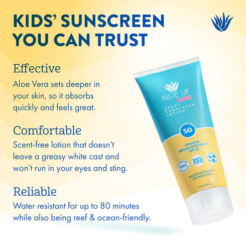 50 6 Oz Aloe Up Kids Sport Sunscreen Lotion SPF - Broad Spectrum Sheer Face and Body Sunscreen Protector for Sensitive