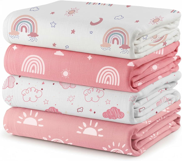REZIPO 4 Pack Baby Girl Muslin Swaddle Blankets 70% Bamboo 30% Cotton Pink