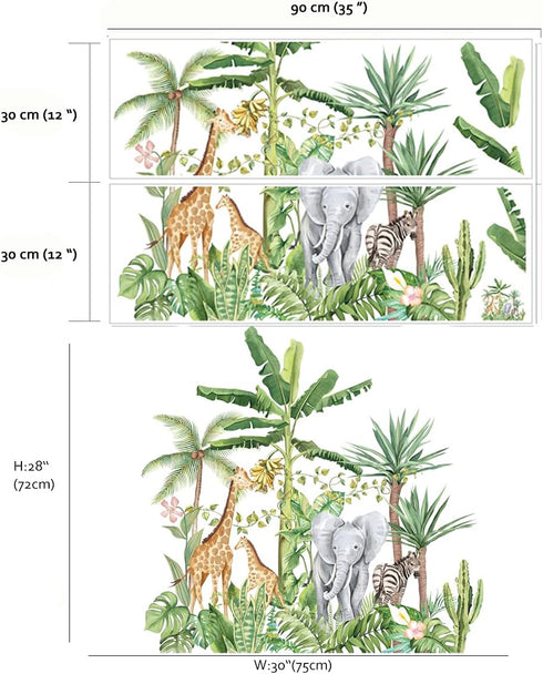 Runtoo Tropical Jungle Animal Wall Decals, Giraffe Elephant Plants Wall Stickers for Kids Room Bedroom Wall Decor