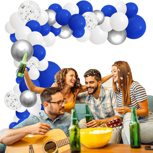 Blue White Silver Balloon Arch Garland Kit, 122pcs Royal Blue White Metallic Silver Balloons for Birthday Engagement