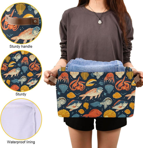 CWUPZAY 1 Pack Fish with Salmon Storage Basket Canvas Fabric Collapsible Storage Bins Box Organizer Waterproof for Home