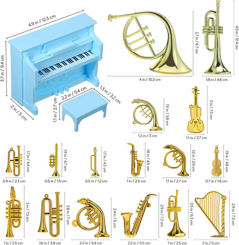Vaguelly 16Pcs Miniature Musical Instruments + 1Pc Piano Model - Dollhouse Decor Tiny Instruments Accessories