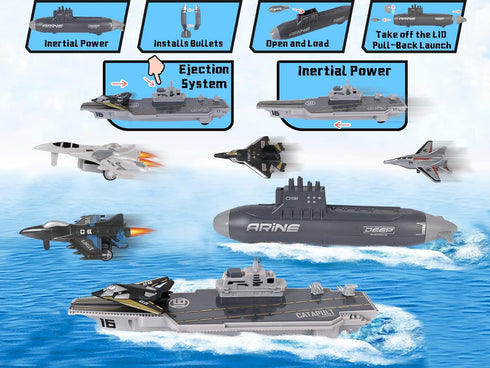 Set 5+ Crelloci Aircraft Carrier Military Naval Ship Toy Play with Small Scale Model Planes Fighter Jets, Battleship