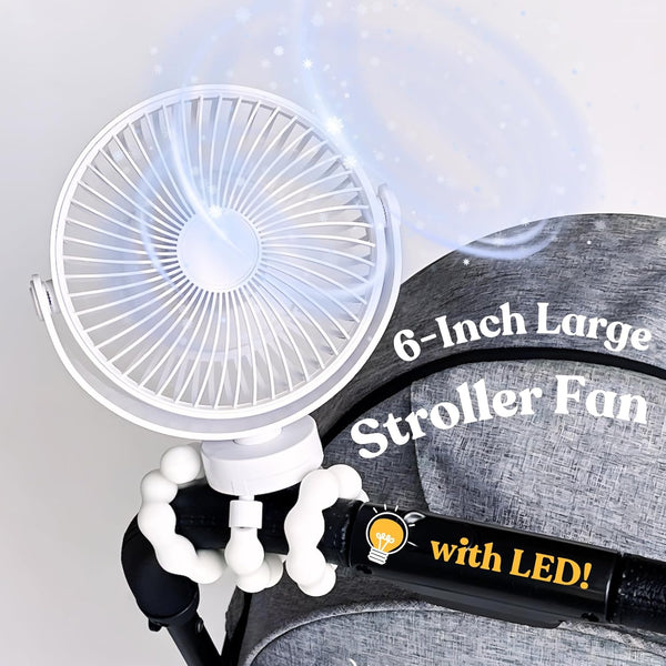 Portable Fan for Stroller - 6-inch Rechargeable Clip On Fan for Baby Strollers, Car Seats & More (White)