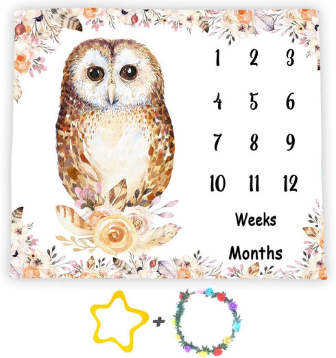 Owl Baby Monthly Milestone Blanket - 48x40in Soft Flannel, Newborn Mom Gifts, Baby Shower Age Growth Tracker