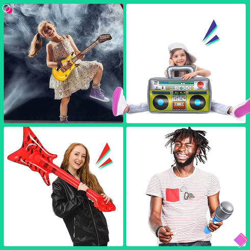 BBTO 15 Pcs Inflatable Rock Star Toy Set, 23.6 Inch Electric Guitar, Bass Guitar, Microphones & Boombox