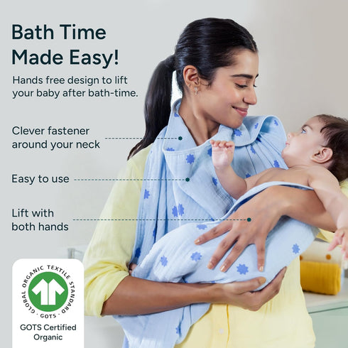100% 30" 30", Pack 2 Hands-Free Hooded Towel - Organic Premium Muslin Cotton, x Ultra-Absorbent, Soft, Breathable