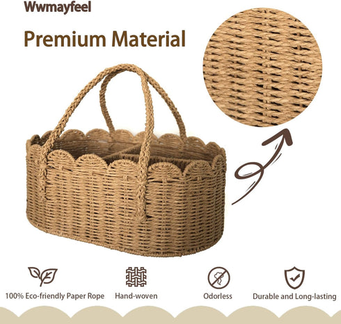 wwmayfeel Diaper Caddy Organizer, Paper Rope Storage Baskets Nursery Bin with Removable Divider, Portable Car Organizer