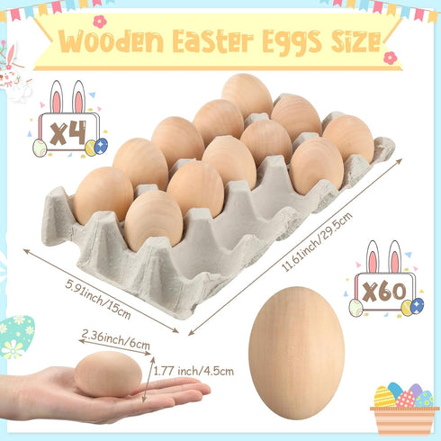 60 Beeveer Pcs Wooden Eggs for Crafts Unpainted Eggs with Blank Egg Cartons, Wooden Fake Food Egg to Paint for Easter