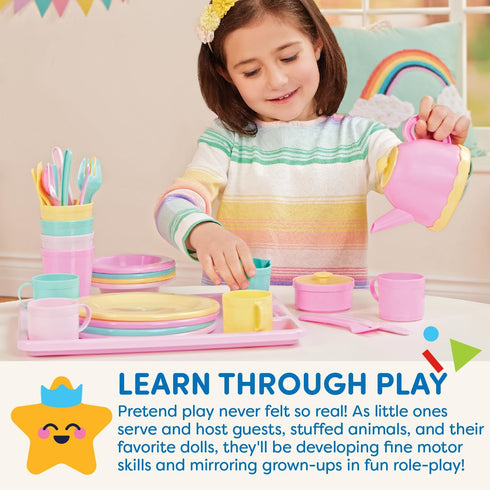 Set 3+ Years(34 Battat Play Circle Dish Plates, Cups, and Tea Party Toys Kitchen Toys for Toddlers Pretend Play Pieces)