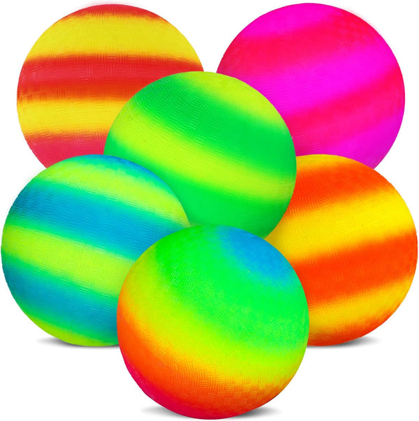 Hooqict 6 Pack 8.5 Inch Playground Balls - Inflatable Rainbow Sports Balls with Hand Pump and Portable Ball Net Bags
