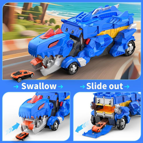 TIAONIAO 3 4 5 Dinosaur Storage Truck Toy Swallowing Metal Car Transform into Stomping with Eject Cars Race Track