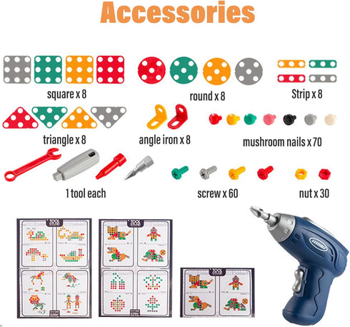 xibulun Toolbox 203Pcs Toolbox 2D/3D 3-12 Magic Montessori Play with Drill, Magic Montessori Play Bear-Themed