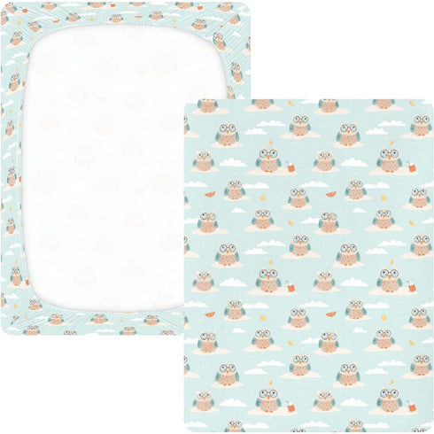 miaozhen 1 Pack 52x28 Cotton Crib Sheets for Baby Boys Girls Soft Breathable Cute Cartoon Beach Owl Aqua Toddler Bed