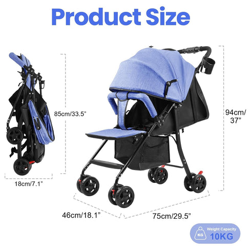 Grebest 4-Season 0-2 10kg Travel Baby Stroller, One-Hand Folding Infant Pushchair with Adjustable Backrest, Canopy
