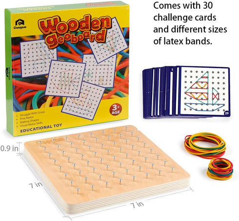 Coogam Wooden Geoboard, 8x8 Graphical Educational Toy with 30Pcs Pattern Cards and Latex Bands for Kids