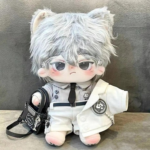 niannyyhouse 20cm Plush Doll Clothes Set, White Cat Hat Coat Shirt Pants Backpack Glasses for 8in Doll Dress Up