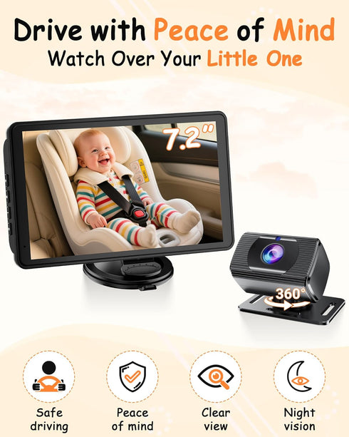 Rohent 7.2-Inch 1080P 360 F25 Baby Car Camera Monitor: HD Rear Facing Infant Backseat Camera with Night Vision Rotation