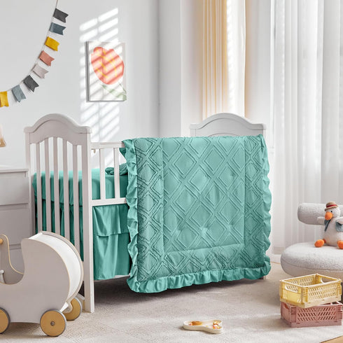 Tufted Ruffle Crib Bedding Set 3 Pieces Baby Girls Boys Boho Quilted