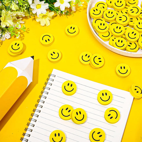 Whaline 80Pcs Smile Mini Bulk Erasers, Welcome Back to School Yellow Round Happy Face Collection for Classroom Rewards