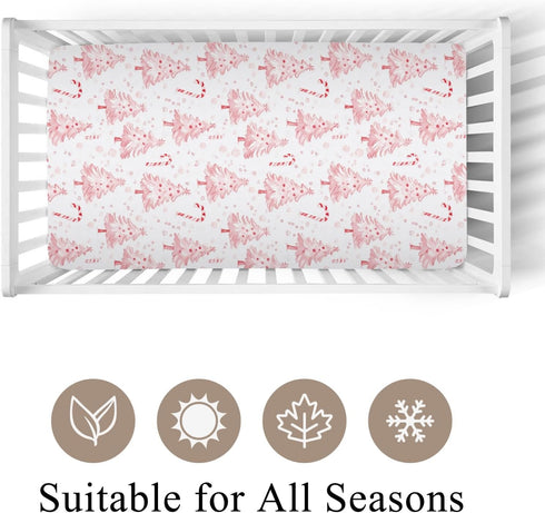 Wicbfdfv 52x28x9 Pink Christmas Pine Trees Candy Fitted Baby Crib Sheet for Boys Girls in Festive Winter Holiday Fitted
