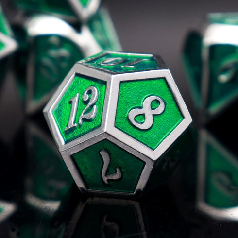 Haxtec 7 Die Metal DND Dice Set, Green Elven Goblin D&D Dice Compatible with Dungeons and Dragons RPG
