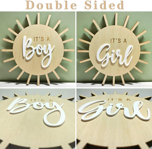 Double Sided Sun Gender Reveal Sign, Boho Sun Baby Boy or Girl Pregnancy Birth Announcement Wooden Sign, It's A Boy