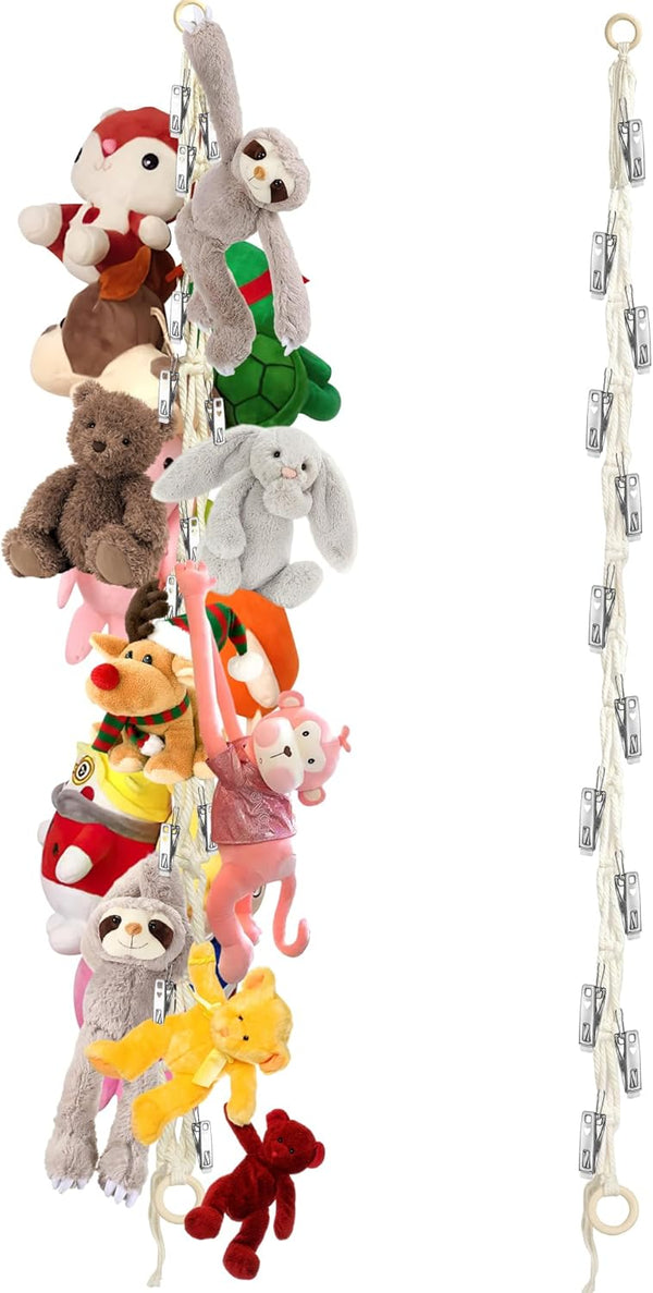 Stuffed Animal Storage Hammock Corner, Hanging Holder with 20 PCS Metal Clips, Boho Organizer Chain for Hats, Socks,