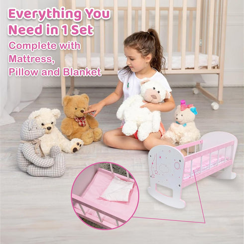 Baby Doll Crib Toy Wooden Play Rocking Cradle with Mattress Pillow & Blanket for 18” Doll