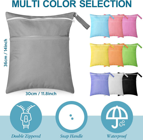 10 Pack Woanger Wet Dry Bags for Baby Cloth Diapers Waterproof Reusable Travel Bags with Two Zippered Pockets Pool