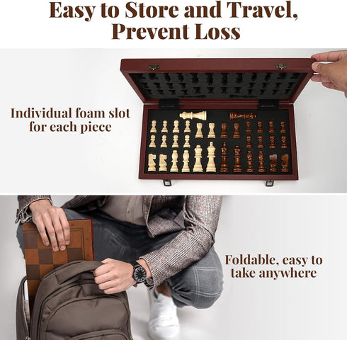 Set 15.4" Strong Magnetic Chess for Adults & Kids, Leather Chess Board & Handcrafted Wooden Chess Pieces with Storage